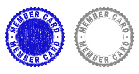Grunge MEMBER CARD stamp seals isolated on a white background. Rosette seals with grunge texture in blue and gray colors. Vector rubber stamp imprint of MEMBER CARD text inside round rosette.
