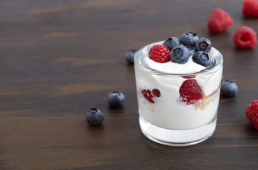 Homemade healthy diet yogurt with raspberries. selective focus