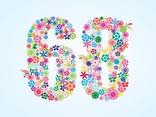 Vector Colorful Floral 68 Number Design isolated on white background. Floral Number Sixty Eight Vector Typeface.