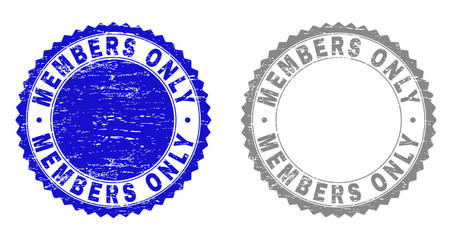 Grunge MEMBERS ONLY stamp seals isolated on a white background. Rosette seals with grunge texture in blue and gray colors. Vector rubber overlay of MEMBERS ONLY title inside round rosette.