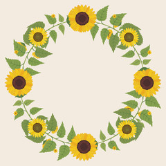 Floral greeting card and invitation template for wedding or birthday anniversary, Vector circle shape of text box label and frame, Yellow sunflower wreath ivy style with branch and leaves.