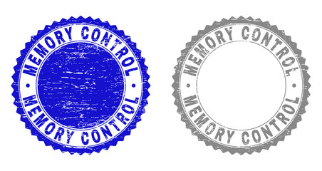 Grunge MEMORY CONTROL stamp seals isolated on a white background. Rosette seals with grunge texture in blue and gray colors. Vector rubber stamp imprint of MEMORY CONTROL caption inside round rosette.