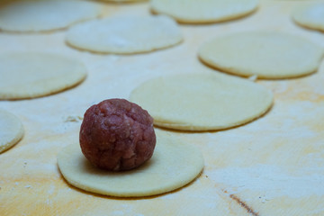 Grandmother cooks dumplings on kitchen
