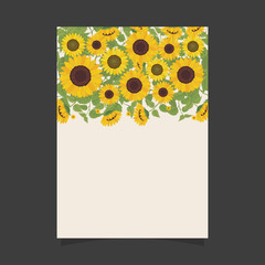 Common size of floral greeting card and invitation template for wedding or birthday anniversary, Vector shape of text box label and frame, Yellow sunflowers wreath ivy style with branch and leaves.