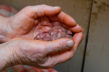 Grandmother cooks dumplings on kitchen