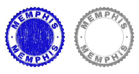 Grunge MEMPHIS stamp seals isolated on a white background. Rosette seals with grunge texture in blue and gray colors. Vector rubber overlay of MEMPHIS tag inside round rosette.