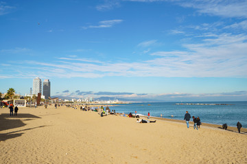 Barceloneta beach in Barcelona at sunny sunset