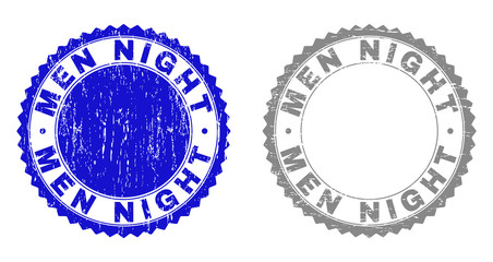 Grunge MEN NIGHT stamp seals isolated on a white background. Rosette seals with grunge texture in blue and gray colors. Vector rubber stamp imitation of MEN NIGHT title inside round rosette.