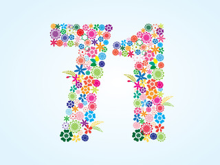 Vector Colorful Floral 71 Number Design isolated on white background. Floral Number Seventy One Vector Typeface.
