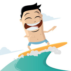 funny cartoon illustration of a surfing man