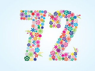 Vector Colorful Floral 72 Number Design isolated on white background. Floral Number Seventy Two Vector Typeface.