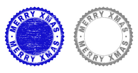 Grunge MERRY XMAS stamp seals isolated on a white background. Rosette seals with grunge texture in blue and grey colors. Vector rubber overlay of MERRY XMAS tag inside round rosette.