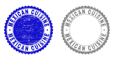 Grunge MEXICAN CUISINE stamp seals isolated on a white background. Rosette seals with grunge texture in blue and grey colors. Vector rubber stamp imprint of MEXICAN CUISINE title inside round rosette.