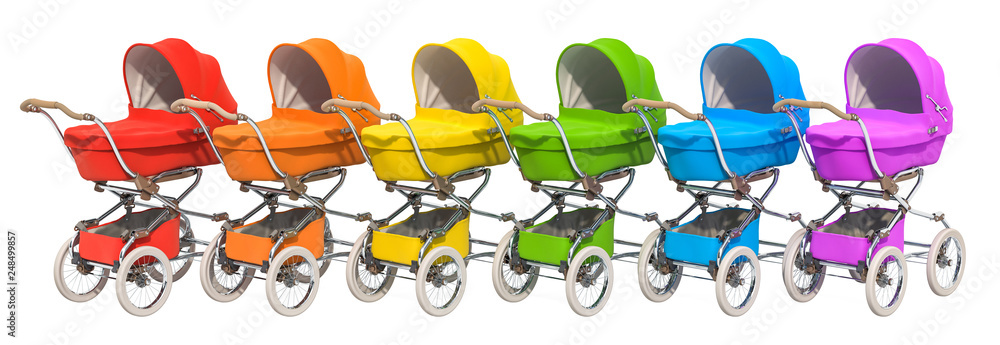 Poster row from multicolored baby prams or strollers, 3d rendering