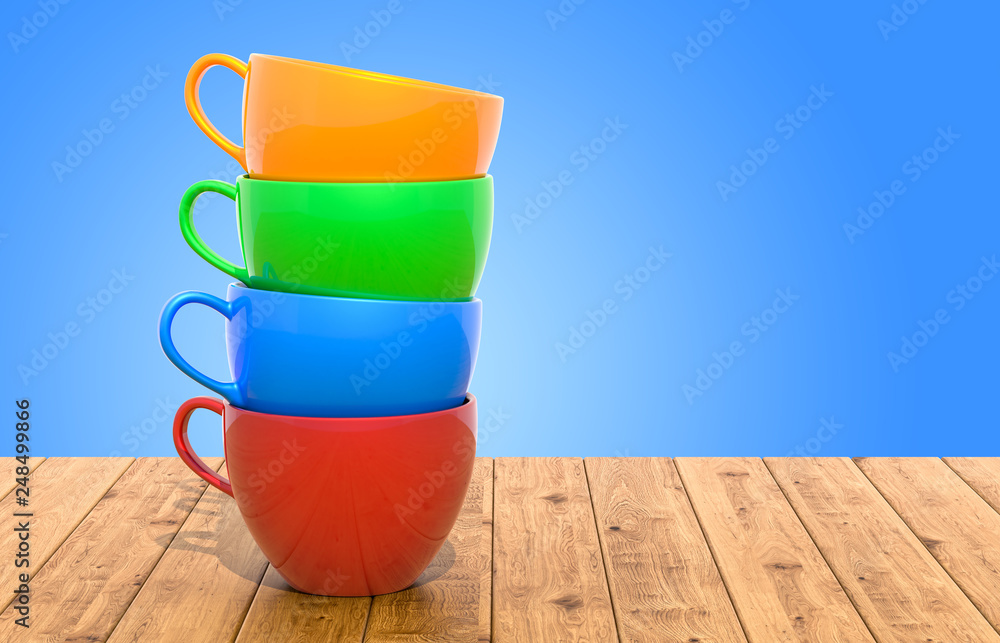 Poster stack of colorful cups on the wooden table, 3d rendering
