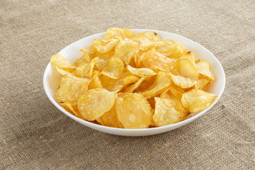 Delicious potato chips with salt