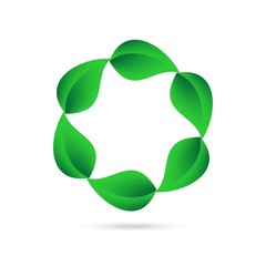 Eco icon from green leaves in a circle on a white background with gray shadow on the bottom. Environmental abstract design natural round shape 