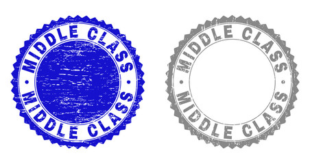 Grunge MIDDLE CLASS stamp seals isolated on a white background. Rosette seals with distress texture in blue and gray colors. Vector rubber stamp imitation of MIDDLE CLASS tag inside round rosette.