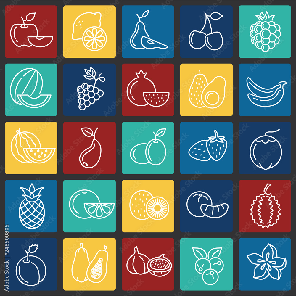 Poster fruit icons set on color squares background for graphic and web design, modern simple vector sign. i