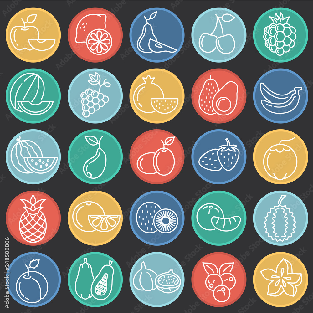 Poster fruit icons set on color circles black background for graphic and web design, modern simple vector s