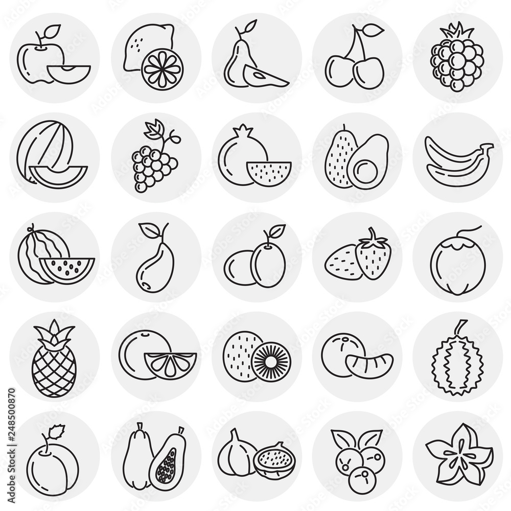 Poster fruit icons set on circles background for graphic and web design, modern simple vector sign. interne
