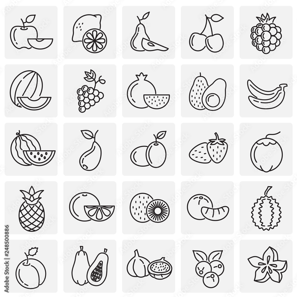 Poster fruit icons set on squares background for graphic and web design, modern simple vector sign. interne