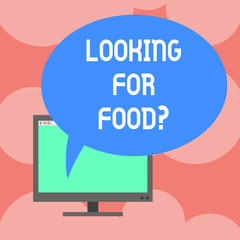 Writing note showing Looking For Food. Business photo showcasing someone poor searching something to eat or drink Mounted Computer Monitor Blank Screen with Oval Color Speech Bubble