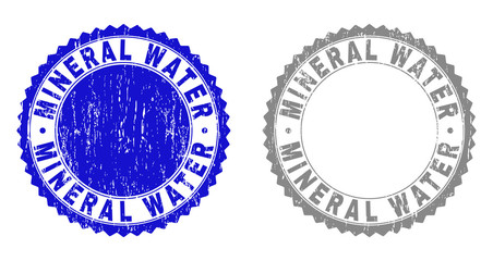 Grunge MINERAL WATER stamp seals isolated on a white background. Rosette seals with grunge texture in blue and grey colors. Vector rubber stamp imprint of MINERAL WATER tag inside round rosette.