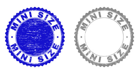 Grunge MINI SIZE stamp seals isolated on a white background. Rosette seals with grunge texture in blue and gray colors. Vector rubber stamp imitation of MINI SIZE label inside round rosette.