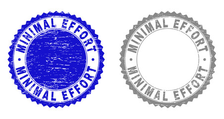 Grunge MINIMAL EFFORT stamp seals isolated on a white background. Rosette seals with grunge texture in blue and gray colors. Vector rubber stamp imprint of MINIMAL EFFORT text inside round rosette.