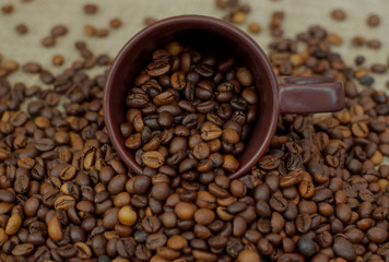 Fototapeta premium A cup of coffee full of coffee beans. Coffee cup and coffee beans. Grain coffee on burlap.