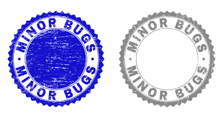 Grunge MINOR BUGS stamp seals isolated on a white background. Rosette seals with distress texture in blue and grey colors. Vector rubber stamp imitation of MINOR BUGS tag inside round rosette.