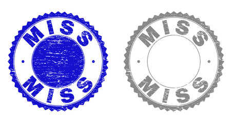 Grunge MISS stamp seals isolated on a white background. Rosette seals with distress texture in blue and gray colors. Vector rubber stamp imprint of MISS tag inside round rosette.