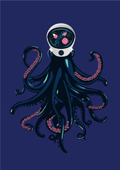 Alien astronaut in space suit. Invander moster in helmet. Vintage sci-fi poster. UFO vector clip art. © ne2pi