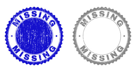 Grunge MISSING stamp seals isolated on a white background. Rosette seals with grunge texture in blue and gray colors. Vector rubber stamp imitation of MISSING caption inside round rosette.