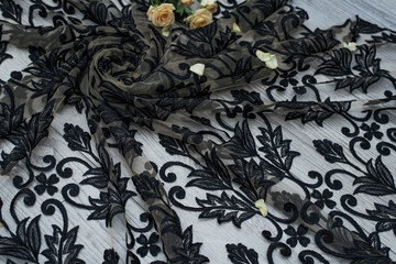 The texture of lace on wooden background decoreted roses.