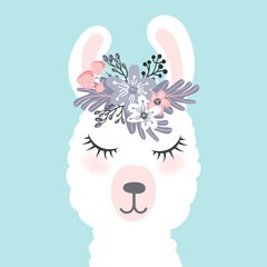Cute  little white lama head with flower crown. Vector hand drawn illustration for card and shirt design, fabric textile. © samotan