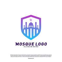 Mosque with Shield logo design concept.Religion Islamic logo template vector. Icon symbol