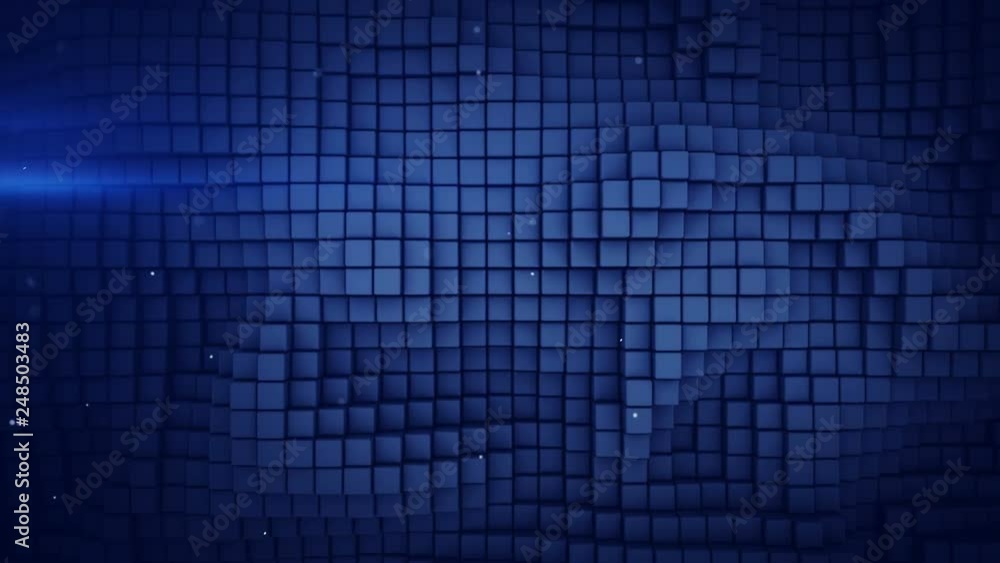 Poster wall of blue cubes and lens flares. abstract geometric background. 3d render seamless loop animation