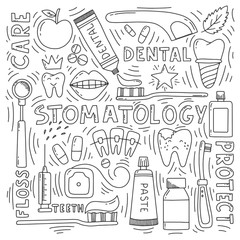 Stomatology doodle set with lettering