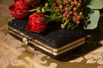 Formal Event Prom Accessories. Bouquet of Flowers and Clutch. © Mary Perry