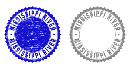 Fototapeta na wymiar Grunge MISSISSIPPI RIVER stamp seals isolated on a white background. Rosette seals with grunge texture in blue and grey colors.