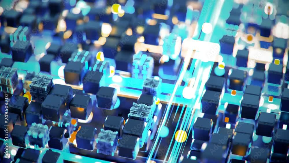 Poster blue and orange cubes and glowing streams. futuristic information technology or science fiction conc