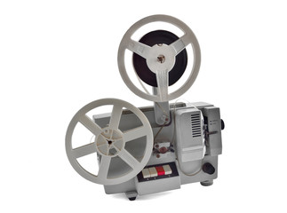 Vintage film projector with Spools isolated on white background