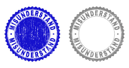 Grunge MISUNDERSTAND stamp seals isolated on a white background. Rosette seals with grunge texture in blue and gray colors. Vector rubber stamp imprint of MISUNDERSTAND tag inside round rosette.