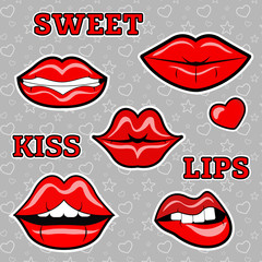 Female lips set. Mouth with a kiss, smile, tongue, teeth. Vector pop art illustration. Badges or stickers collection