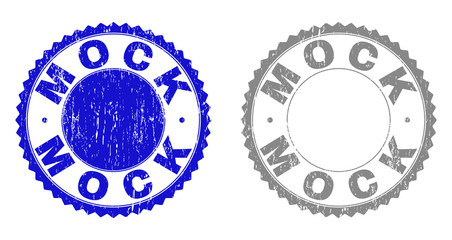 Grunge MOCK stamp seals isolated on a white background. Rosette seals with distress texture in blue and grey colors. Vector rubber stamp imprint of MOCK text inside round rosette.