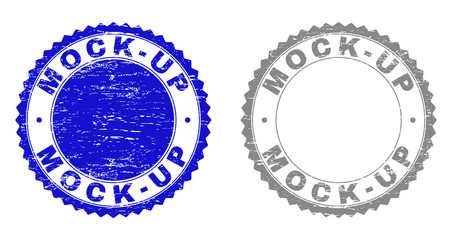 Grunge MOCK-UP stamp seals isolated on a white background. Rosette seals with grunge texture in blue and gray colors. Vector rubber stamp imprint of MOCK-UP label inside round rosette.