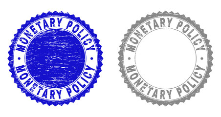 Grunge MONETARY POLICY stamp seals isolated on a white background. Rosette seals with grunge texture in blue and gray colors.