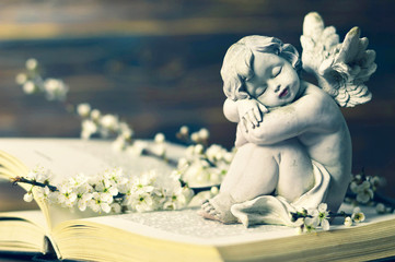 Condolence card with angel sleeping on the book